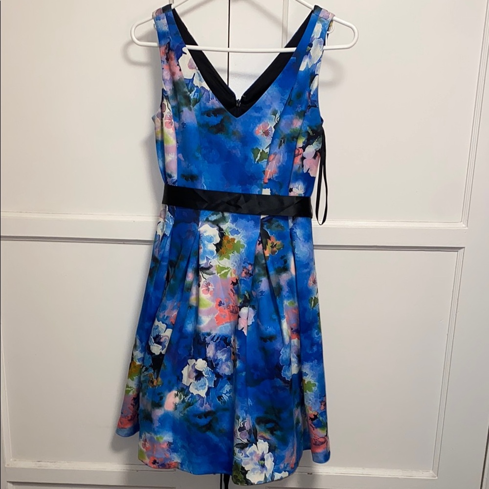 Adrianna Papell Blue Floral V-Neck Midi Sundress
